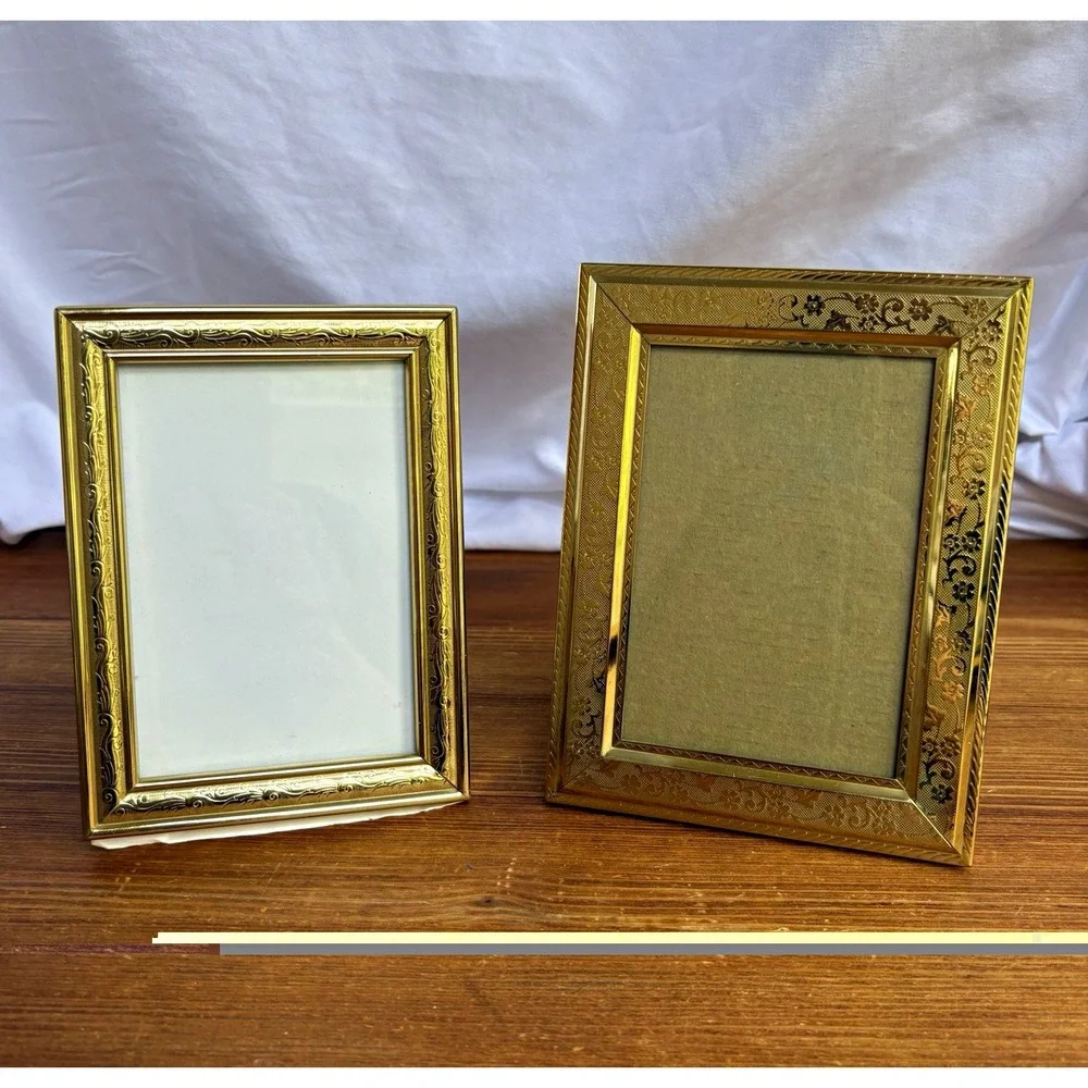 2pc Gold Tone Small Picture Frame Set Ornate Decorative Vintage Style